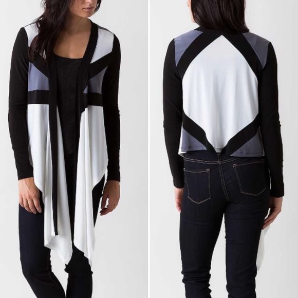 DOUBLE ZERO Color Block Cardigan Ivory Black Gray - Picture 2 of 4